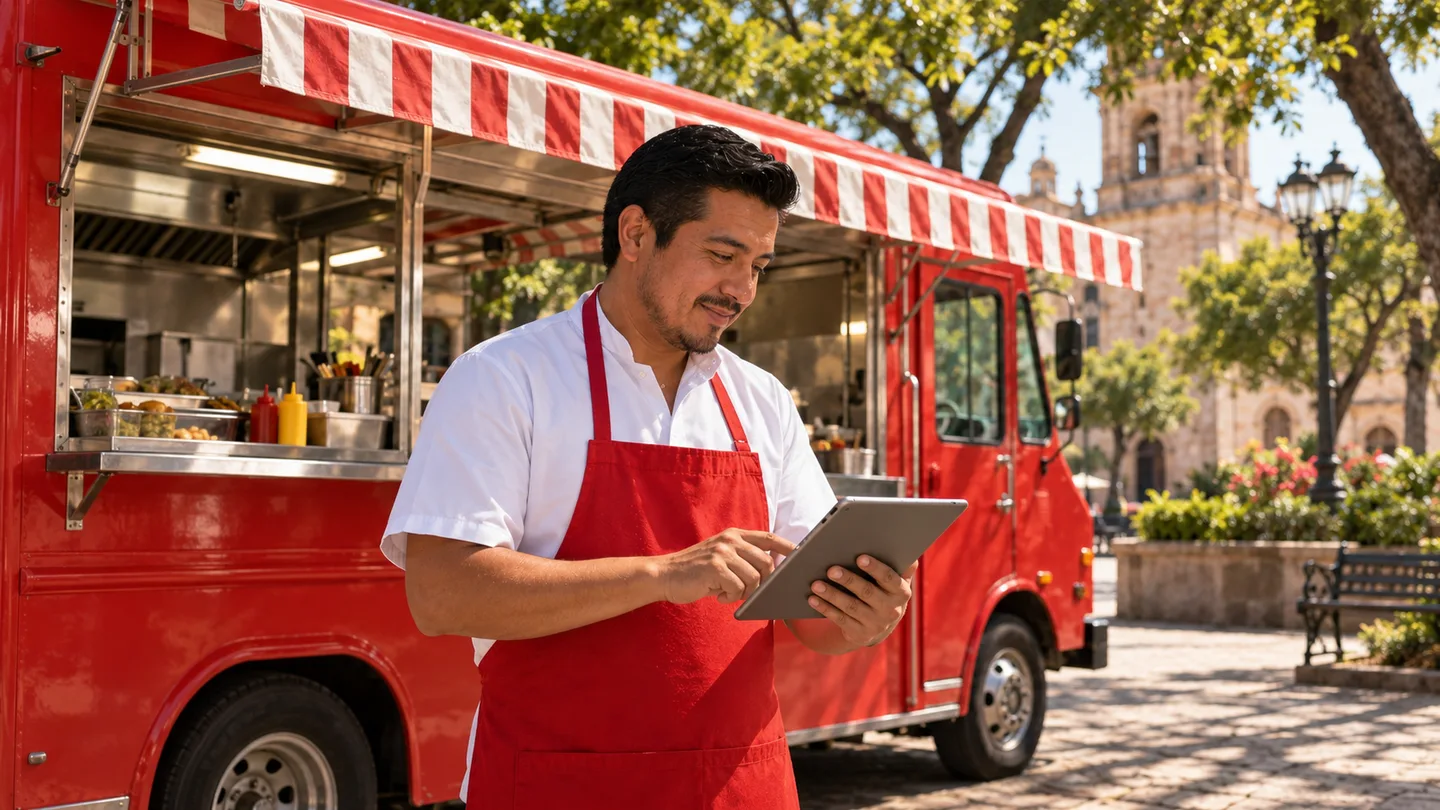 Leo consulta en su tablet la información de sus sucursales frente a uno de sus negocios.