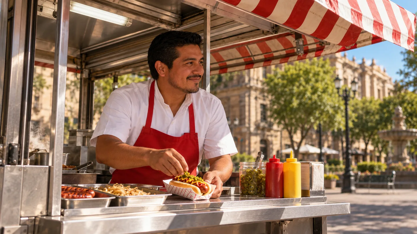 Leo prepara un hot dog en su local mientras espera a sus primeros clientes.