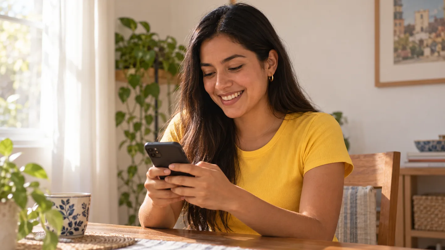 Ana pide dos hot dogs desde su celular, sentada en una mesa de su casa.