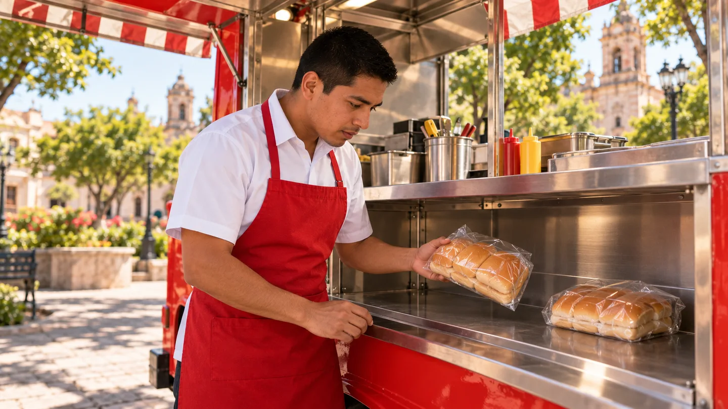 Lucas revisa las pocas bolsas de pan para hot dogs que quedan en la sucursal Centro.