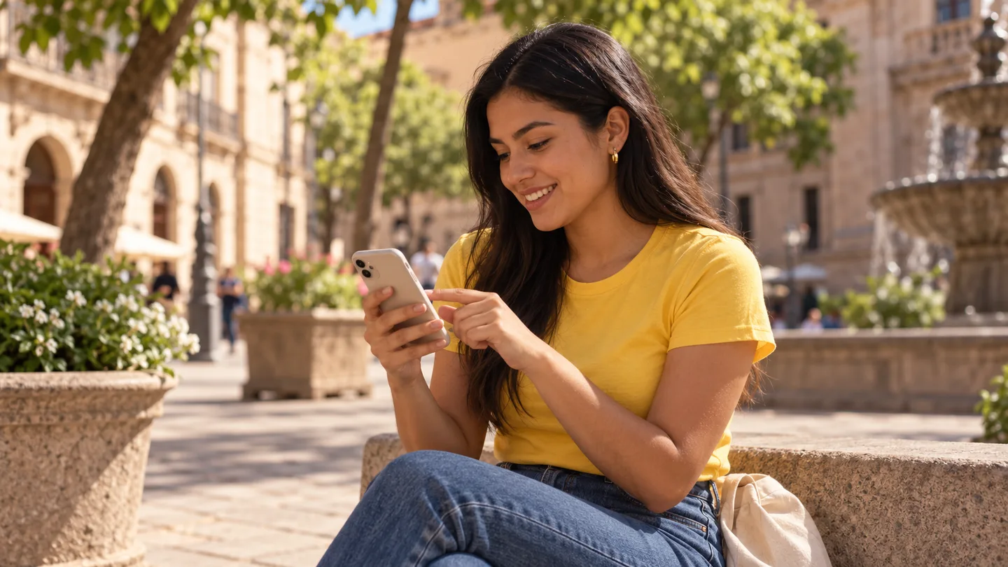 Ana busca «hot dogs cerca de mí» en su celular desde un banco de la plaza, antes de visitar el local.