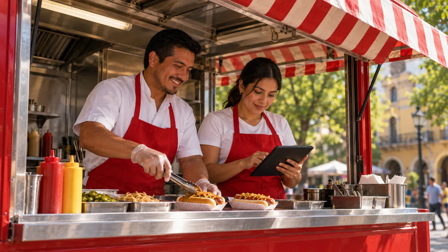 Mara revisa el pedido en una tablet mientras Leo prepara los hot dogs en el negocio.