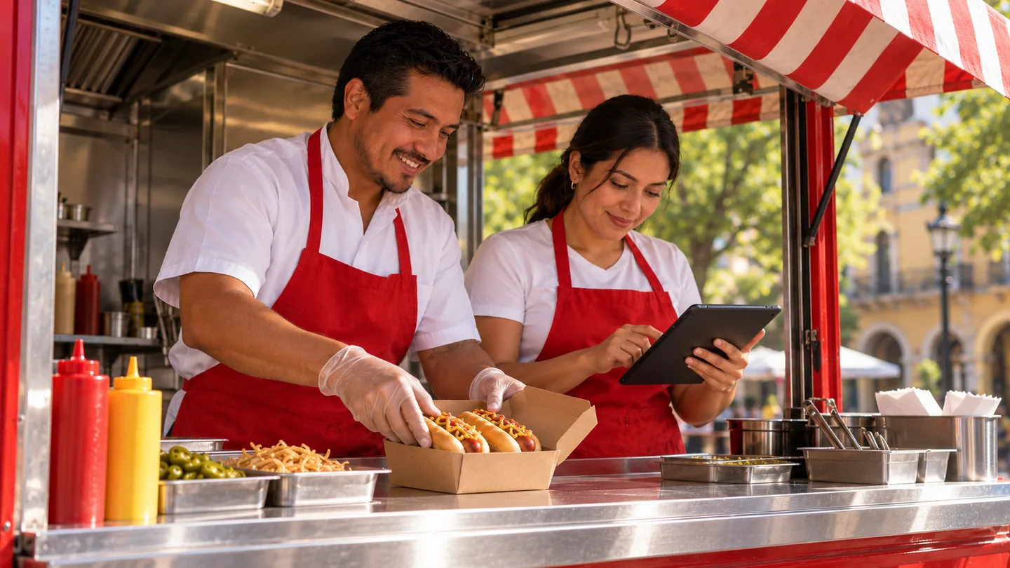 Mara confirma el pedido desde la tablet mientras Leo prepara la comida para llevar.