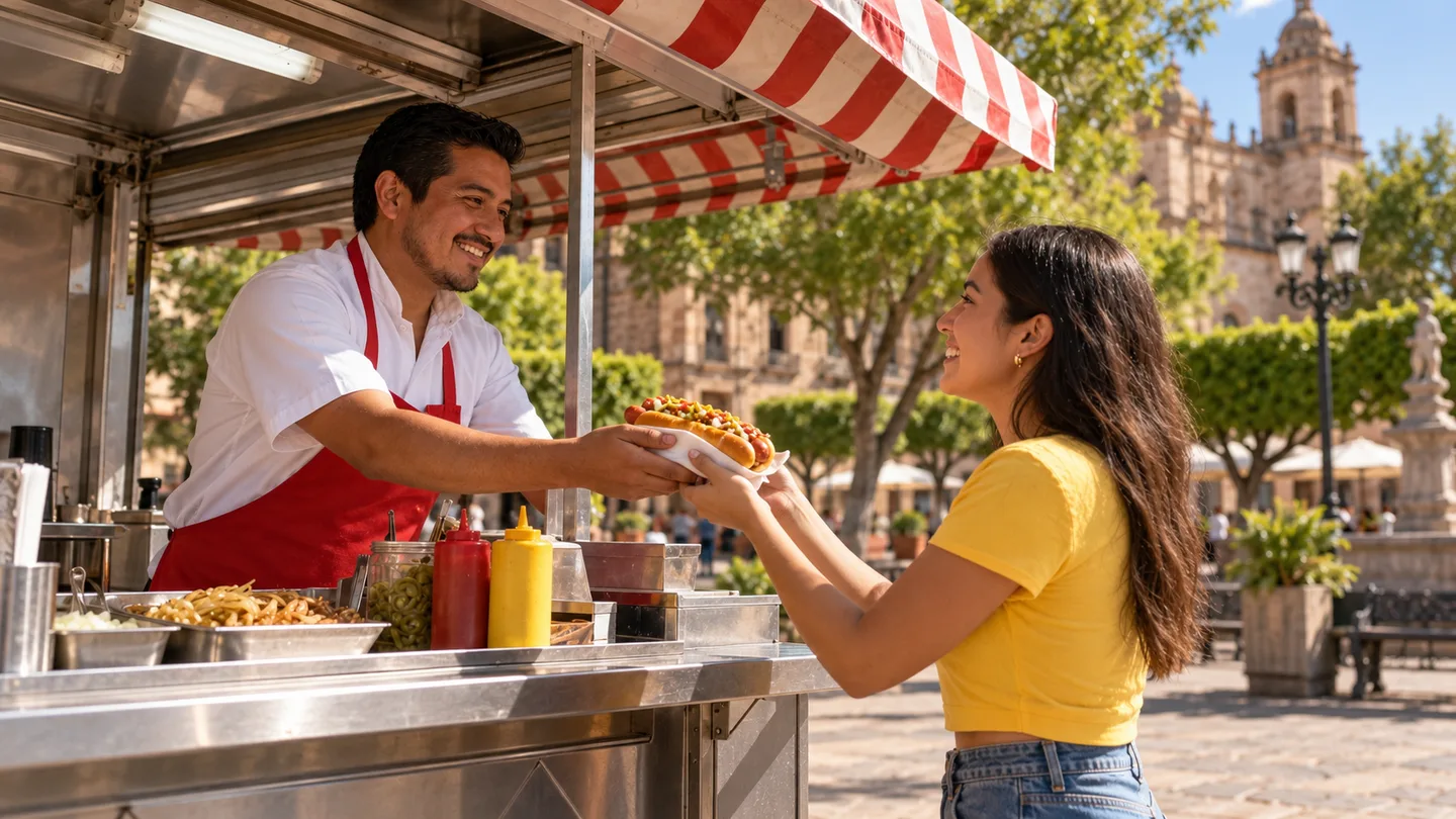 Ana visita el local de Leo y compra un hot dog directamente en el mostrador.