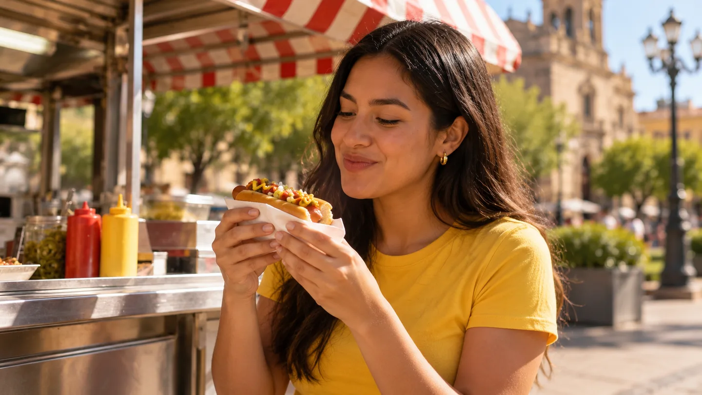 Ana disfruta su hot dog junto al local de Leo.