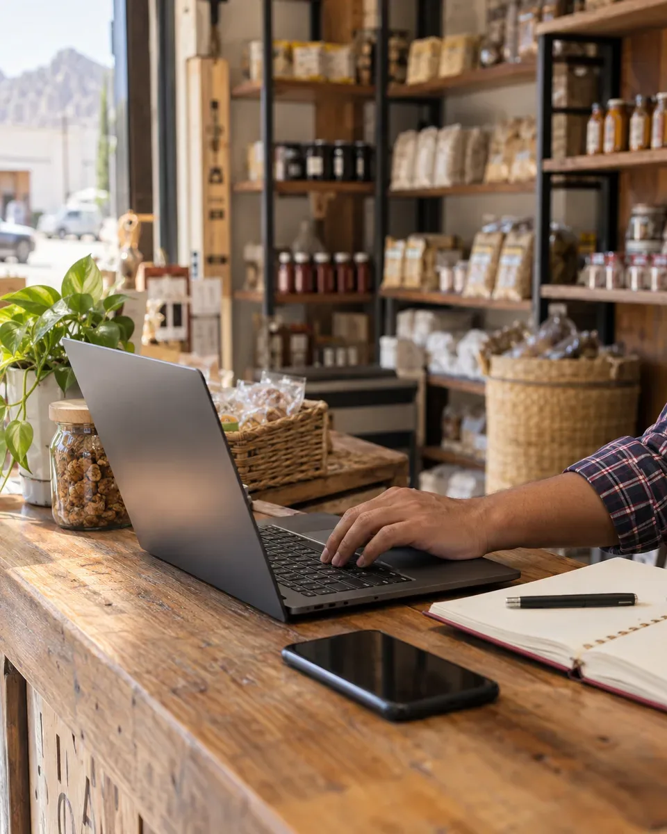 Escena ilustrativa de una persona usando una computadora para gestionar su tienda.