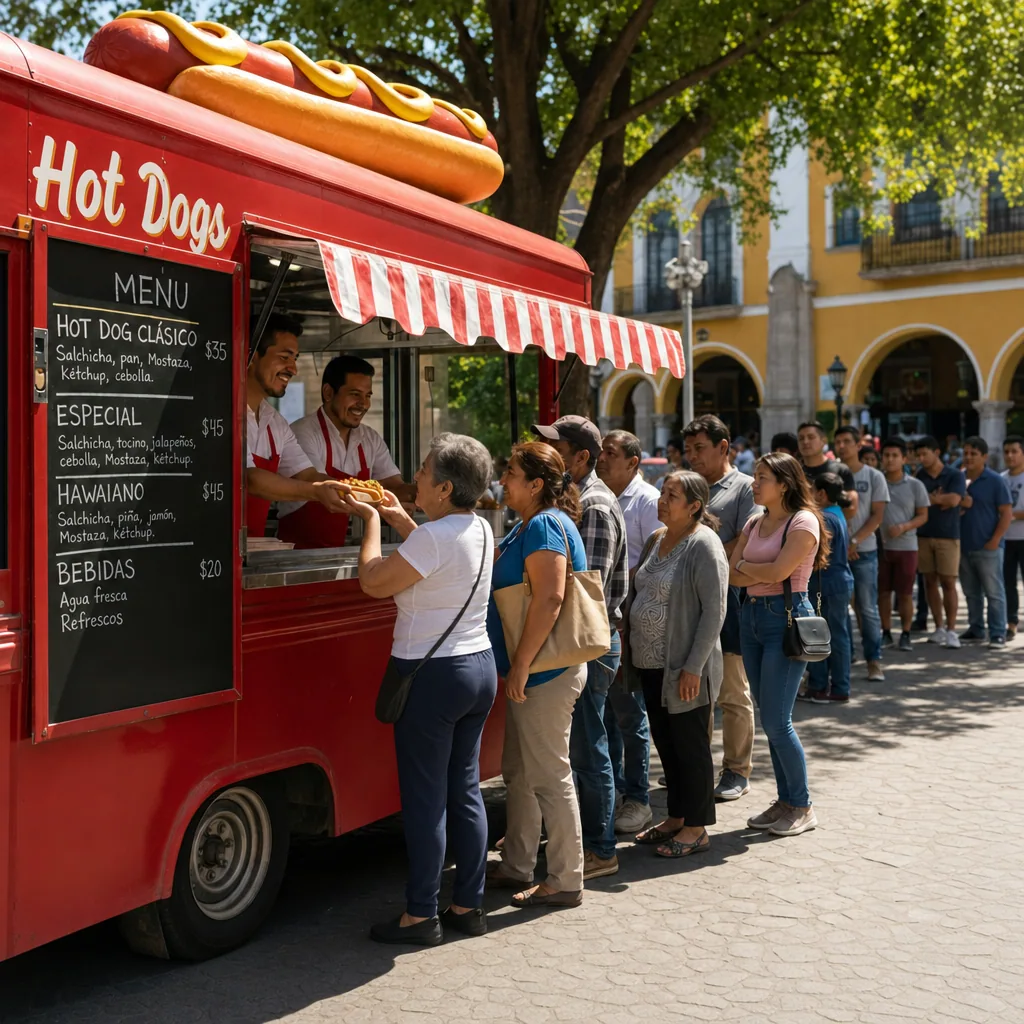Escena ilustrativa de un negocio de hot dogs con dos trabajadores atendiendo a varios clientes.