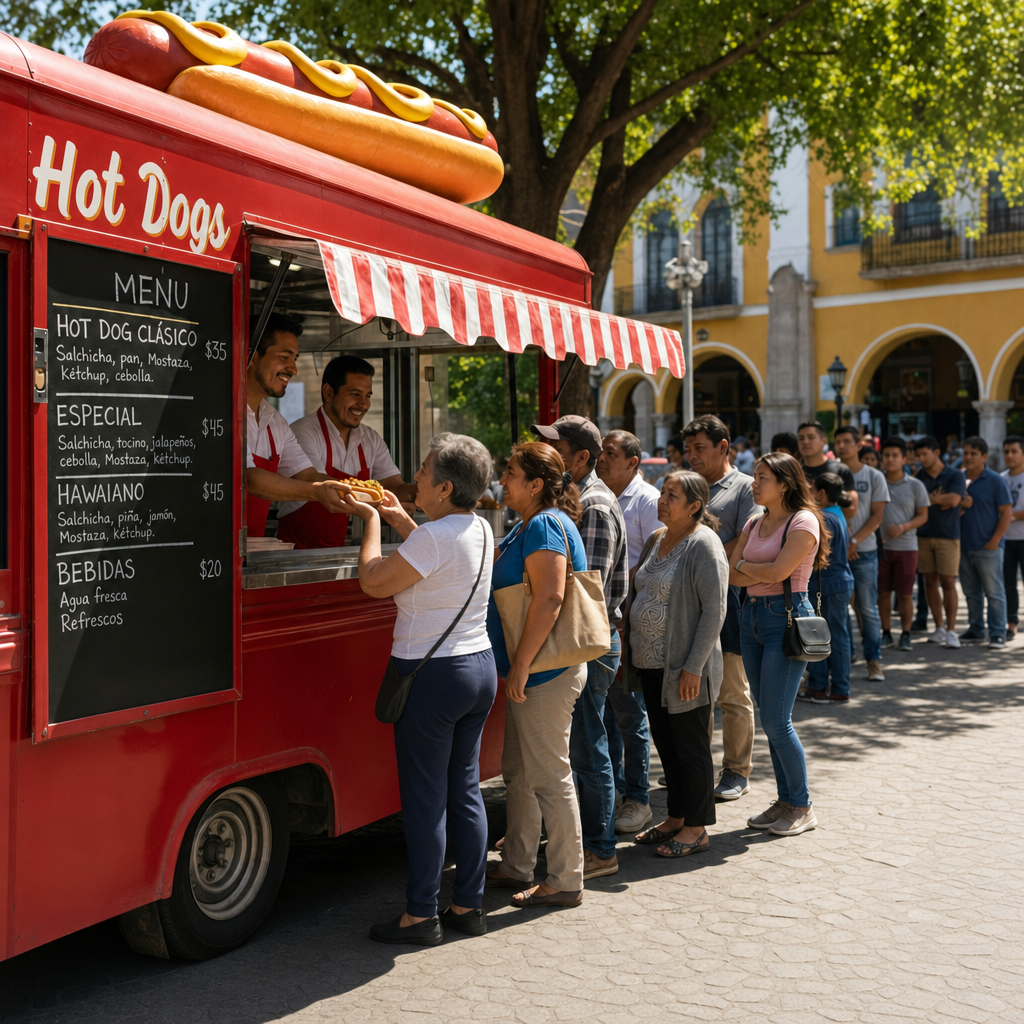 Foto realista: el carrito de hot dogs ya con fila de clientes, dos trabajadores atendiendo y la clienta regular recibiendo su pedido