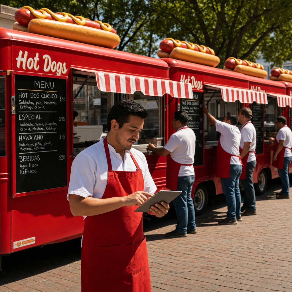 Dueño de un food truck viendo su tablet mientras dos sucursales del mismo negocio atienden filas de clientes en la banqueta
