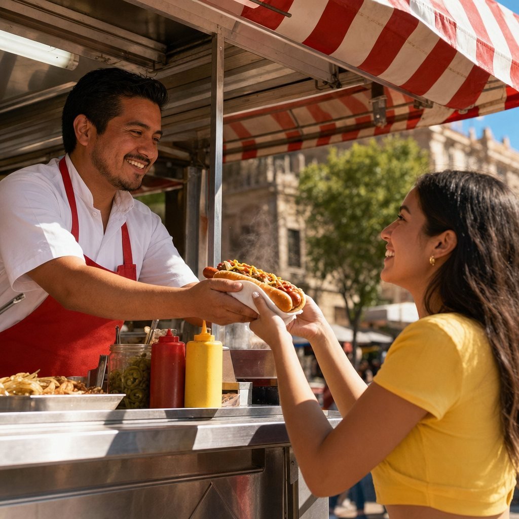 Foto realista: el puesto callejero de hot dogs recién abierto de día, el dueño entrega un hot dog a su primera clienta